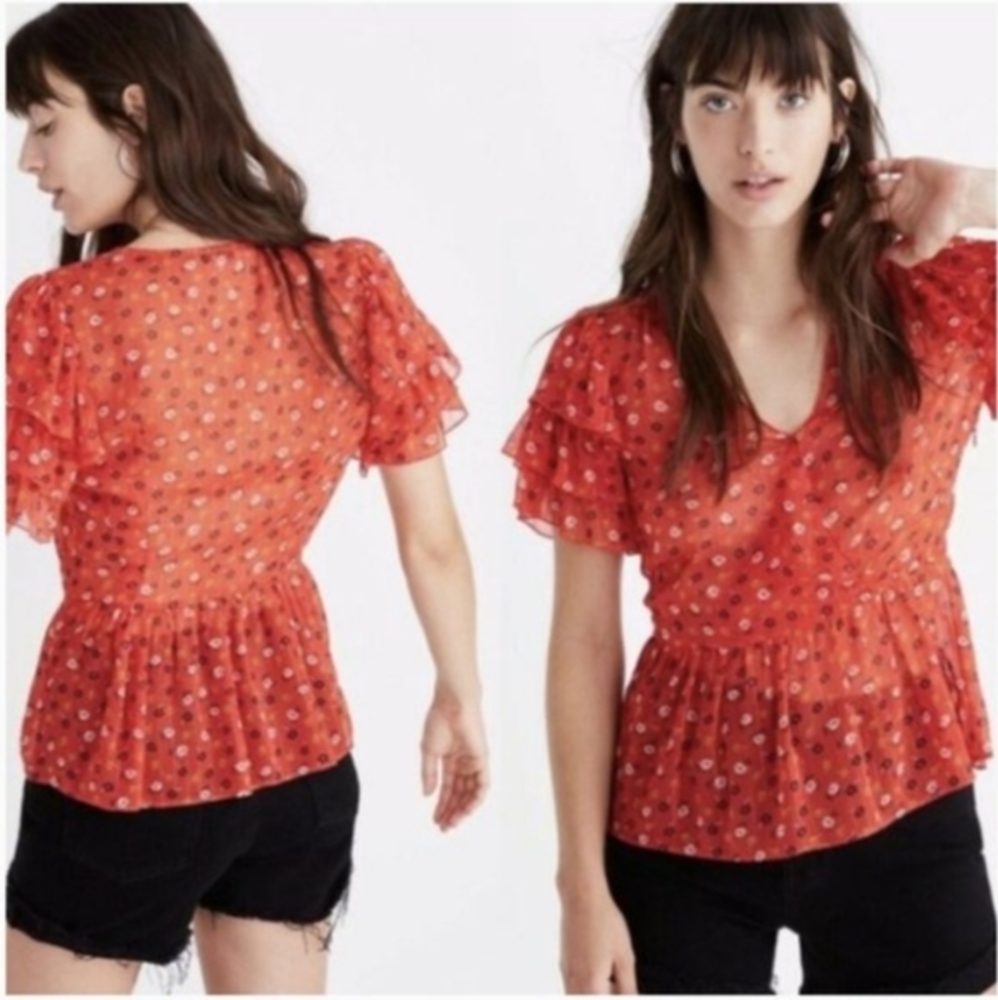 ❤️Madewell Tiered Ruffled Sleeves Peplum Top Shirt Blouse Metallic Gold Size 2
